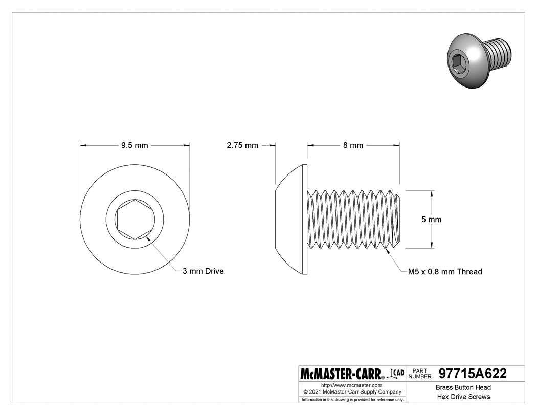 Technical Drawing of Brass Button Head Hex Drive Screws, M5 x 0.80mm Thread, 8mm Long.